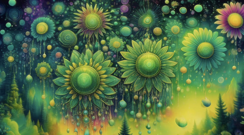 Floating sunflower constellations dripping light over a misty forest sky in dreamy 4K psychedelic visuals for tripping